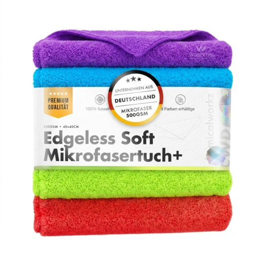 Packaged set of 4 Chemicalworkz microfibre cloths in purple, blue, and green with a label on a white background.