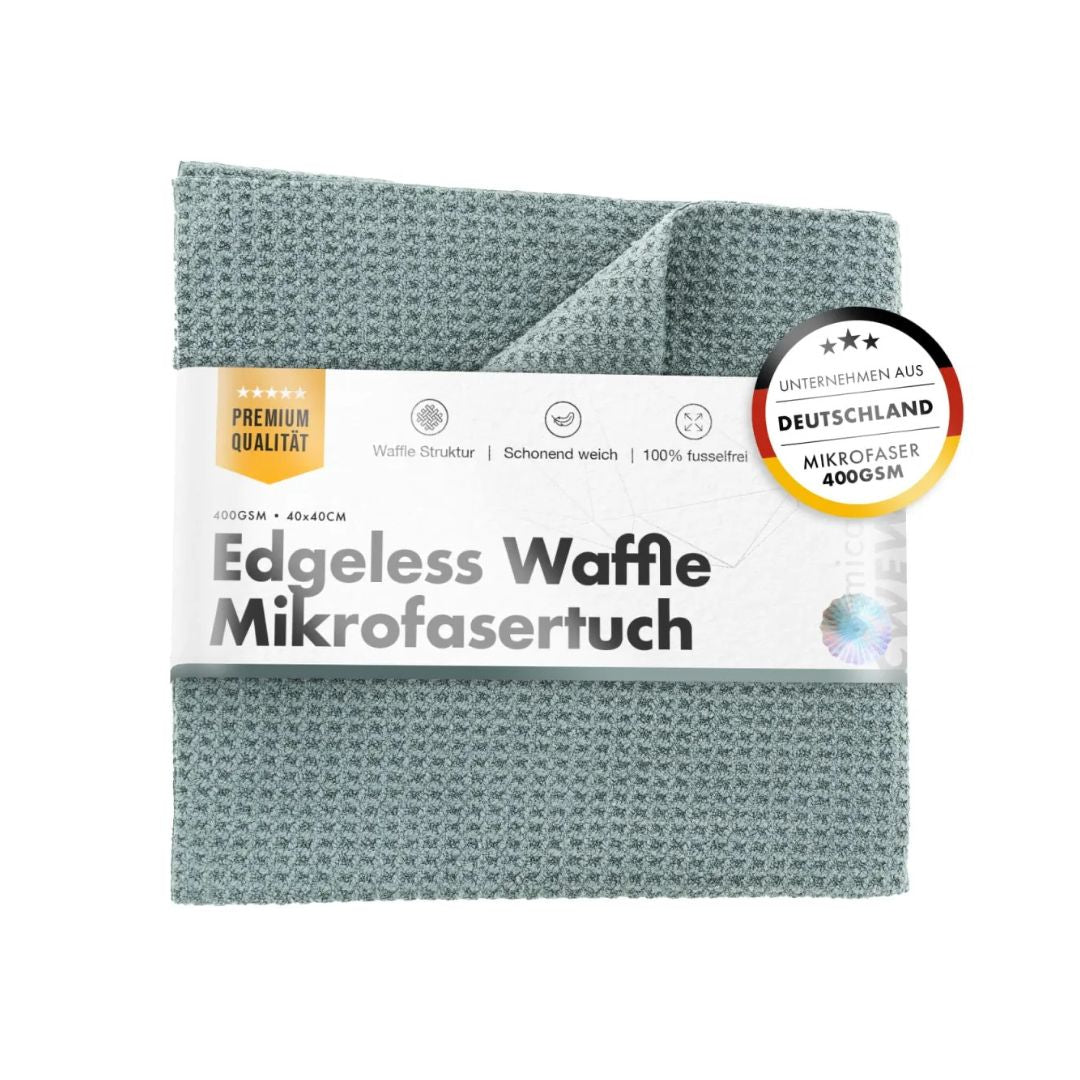 Edgeless Waffle microfibre cloth with packaging on a white background from Chemicalworkz. Chemicalworkz Ireland