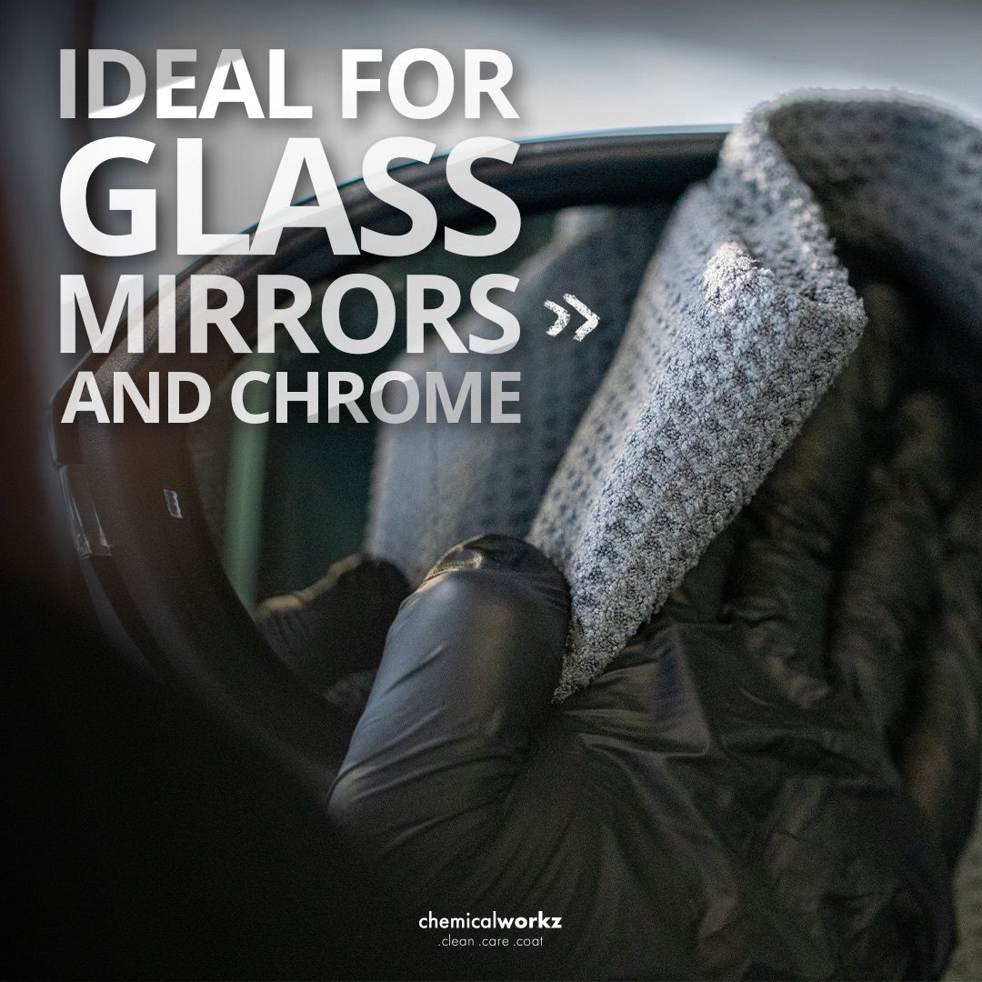 Person cleaning a car mirror with a waffle cloth, text 'Ideal for glass mirrors and chrome' above.
