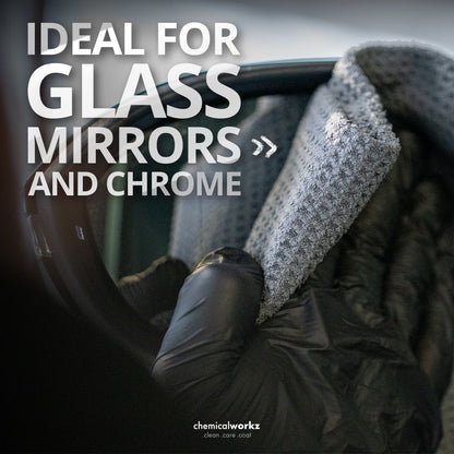 Person cleaning a car mirror with a waffle cloth, text 'Ideal for glass mirrors and chrome' above.