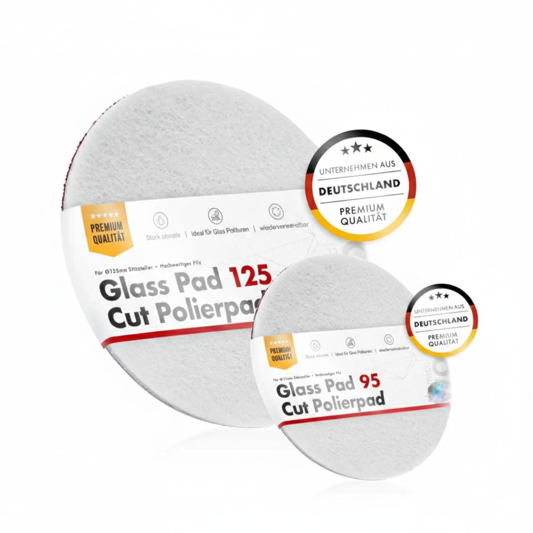 Two glass polishing felt pads with labels indicating size and quality on a white background.