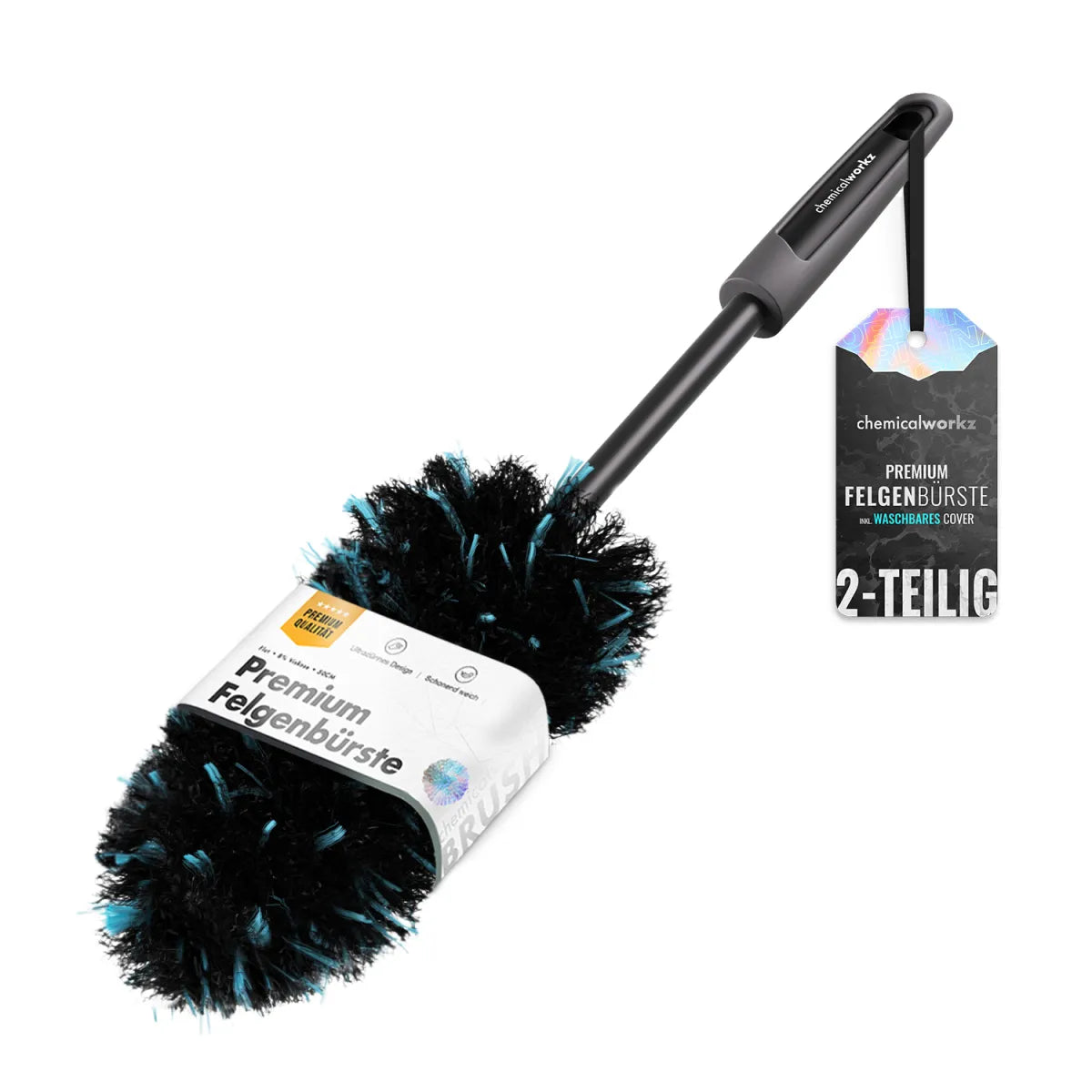 A two-piece flat car wheel brush Chemicalworkz, featuring black and teal nylon bristles with a black plastic handle and a white paper label, shown alongside its product tag on a white background.