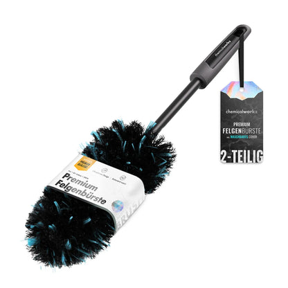 A two-piece flat car wheel brush Chemicalworkz, featuring black and teal nylon bristles with a black plastic handle and a white paper label, shown alongside its product tag on a white background.