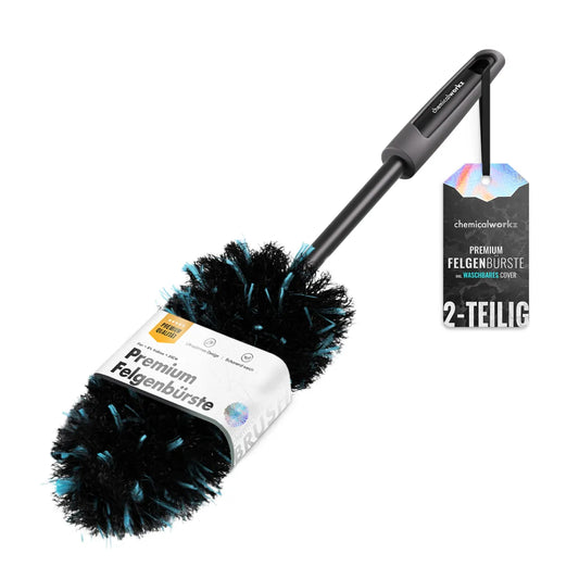 A two-piece flat car wheel brush Chemicalworkz, featuring black and teal nylon bristles with a black plastic handle and a white paper label, shown alongside its product tag on a white background.