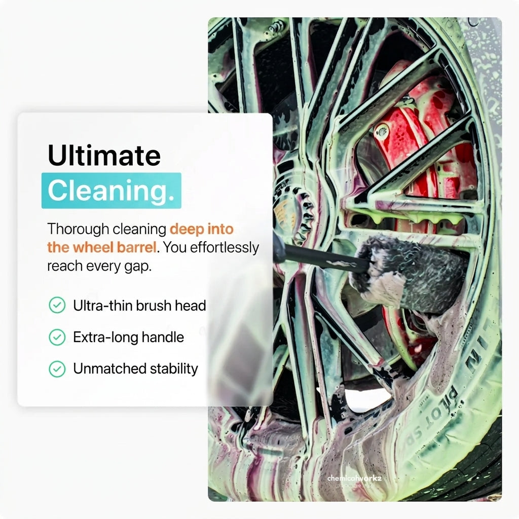 Promotional graphic for a wheel barrel cleaning brush, showing a close-up of a dirty wheel with a brush applying foam, alongside a text panel that reads 'Ultimate Cleaning' and lists product features.