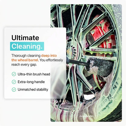 Promotional graphic for a wheel barrel cleaning brush, showing a close-up of a dirty wheel with a brush applying foam, alongside a text panel that reads 'Ultimate Cleaning' and lists product features.