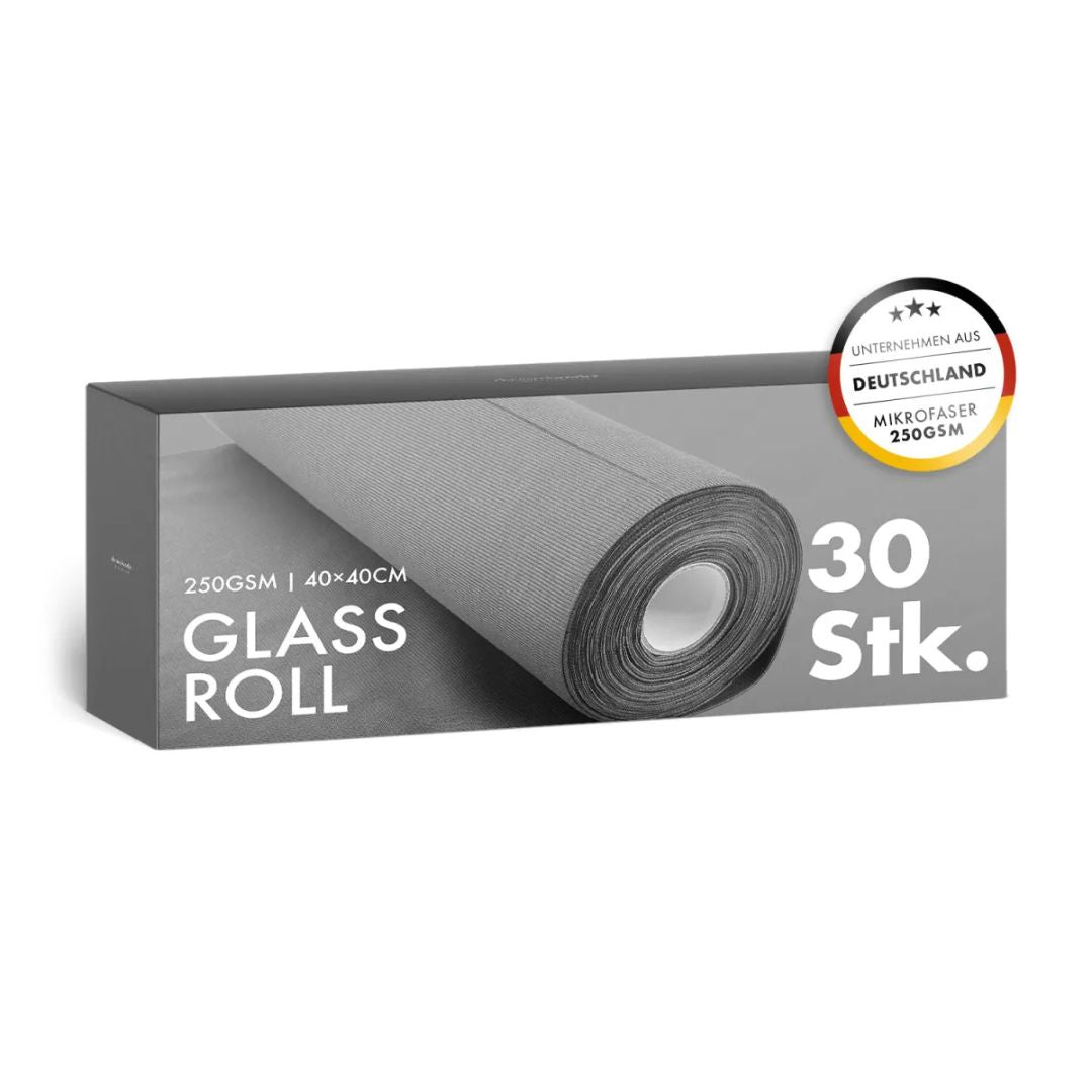 Packaging of a Chemicalworkz glass cloth roll with text and certification logo on a white background