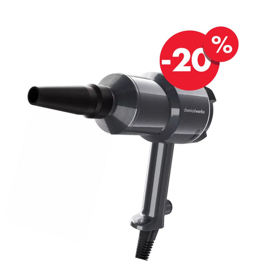 20% off sale Chemicalworkz Black car dryer with attachments and a packaging box on a white background