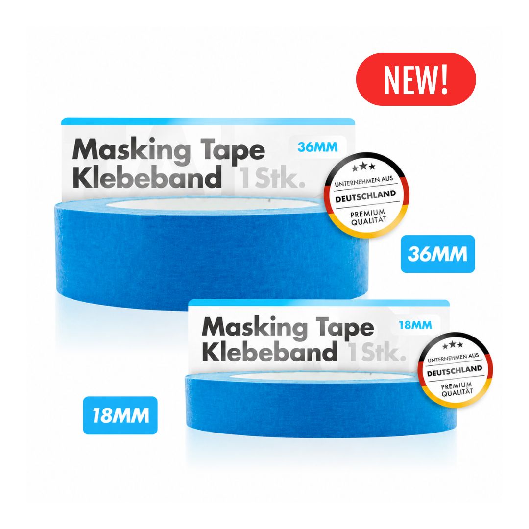Two rolls of blue Chemicalworkz masking tape with size labels and a 'New!' badge on a white background.