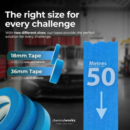 Blue masking tapes with size indicators and text about different sizes for various challenges, set against a blurred garage background.