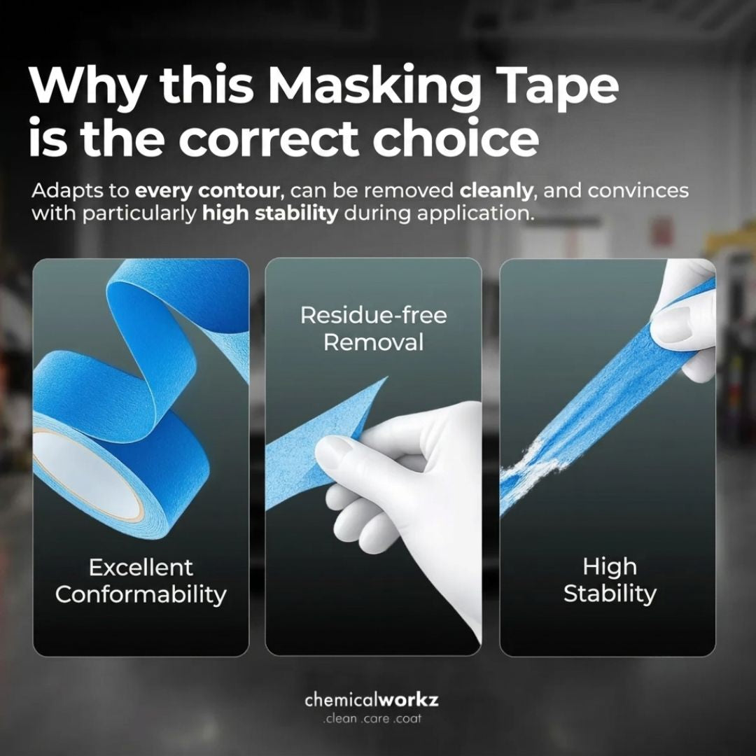 Promotional image of masking tape with text highlighting its features, including conformability, residue-free removal, and high stability. Brand 'chemicalworkz' is visible.