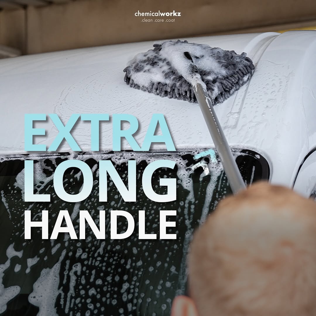 Person washing a car with a soapy sponge and 'Extra Long Handle' text overlay.