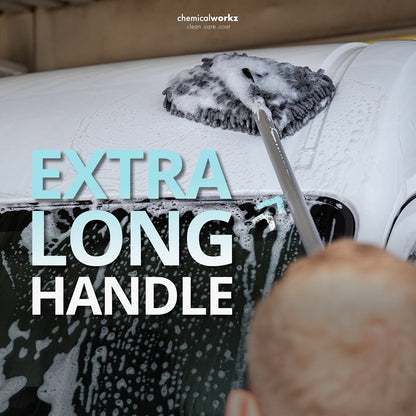 Person washing a car with a soapy sponge and 'Extra Long Handle' text overlay.