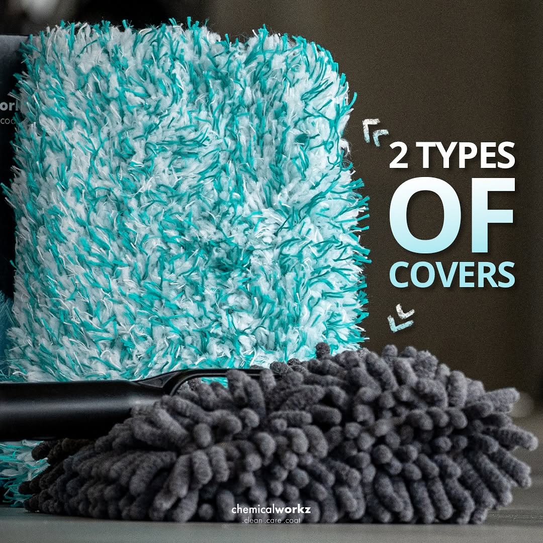 Two types of car cleaning covers, one teal and one gray, with '2 Types of Covers' text.