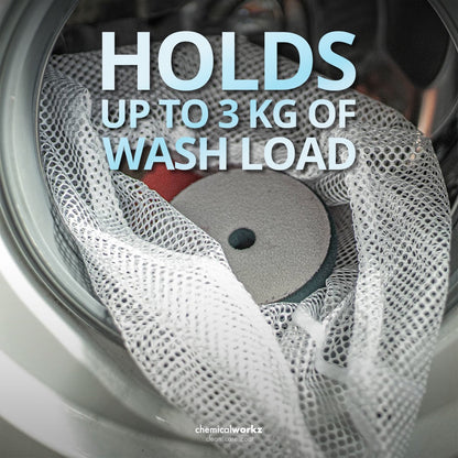 Washing machine drum with text 'Holds up to 3 kg of wash load' and brand name 'chemicalworks'.