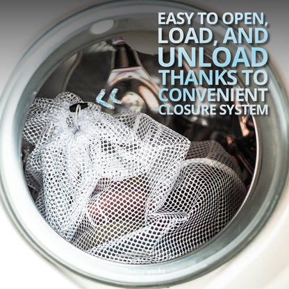 Laundry basket with clothes inside, open dryer door with text about convenient closure system.