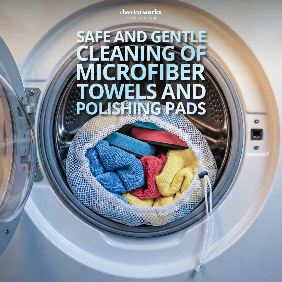 Laundry basket with microfiber towels and polishing pads inside an open washing machine, with text about safe cleaning.