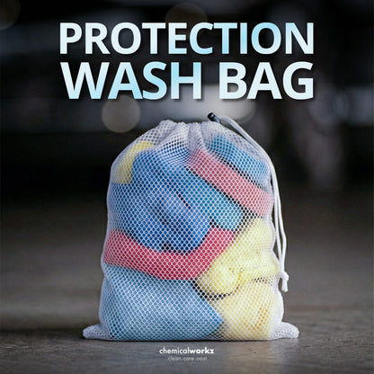 Mesh wash bag with colorful balls labeled 'Protection Wash Bag' on a dark background