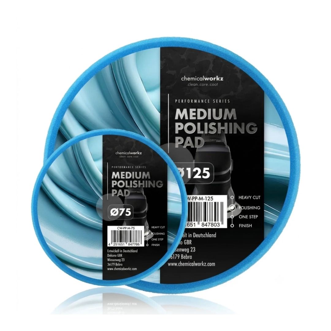 Medium polishing pad with 'chemicalworkz' branding on a white background