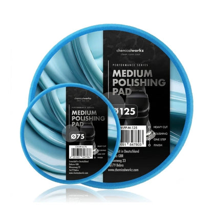 Medium polishing pad with 'chemicalworkz' branding on a white background