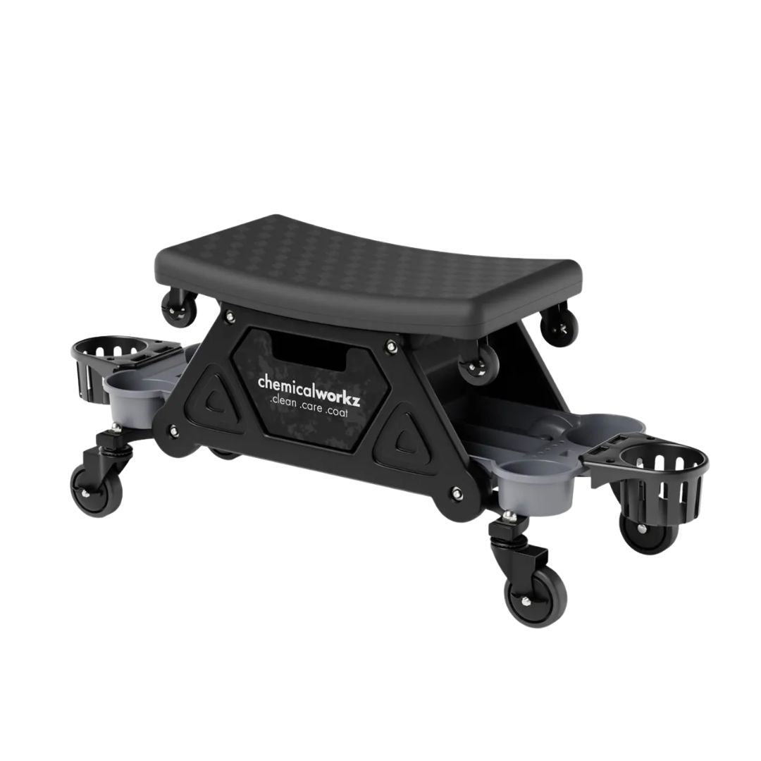 Black step stool with wheels and storage baskets on a white background, featuring 'chemicalworks' branding.