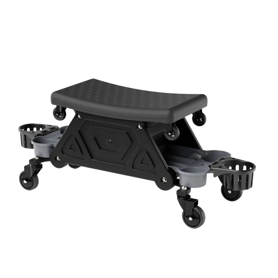 Black adjustable step stool with wheels on a white background