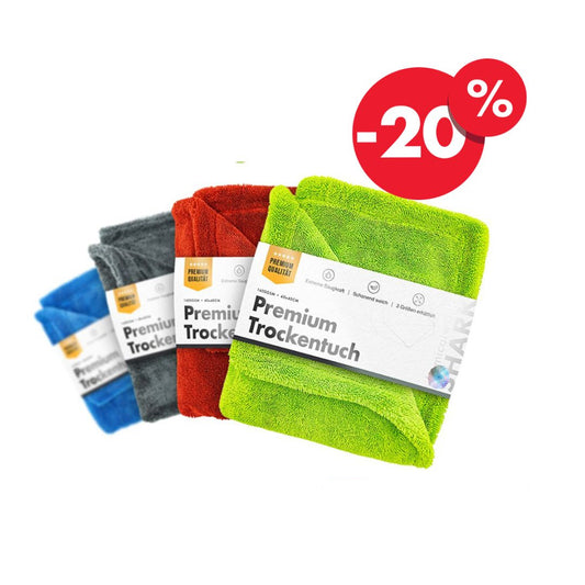 20% off sale Set of colorful chemicalworkz drying towel with 1400gsm with 'Premium Trockentuch' labels on a white background