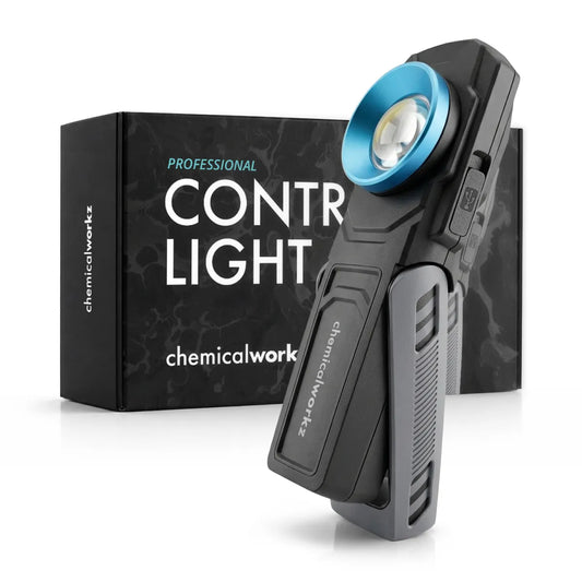 A handheld professional Chemicalworkz control light device with a blue-tinted lens and black body, shown in front of its branded black box labeled 'PROFESSIONAL CONTROL LIGHT' on a clean white background.