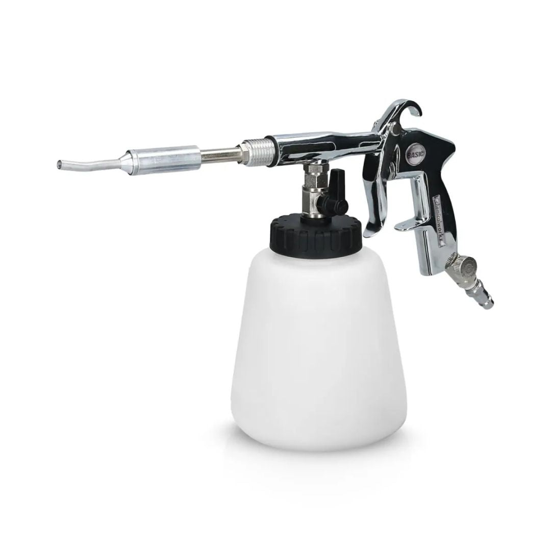 A Tornardor air gun with a white plastic paint container, a black cap, and a polished silver and black metal spray mechanism, shown on a solid white background.