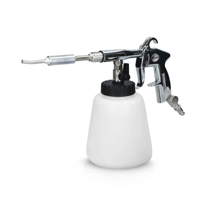 A Tornardor air gun with a white plastic paint container, a black cap, and a polished silver and black metal spray mechanism, shown on a solid white background.