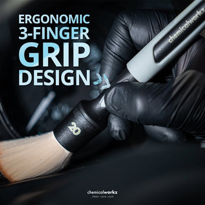 Ergonomic 3-finger grip design with a soft brush and gloved hand, featuring 'Chemicalworkz' branding.