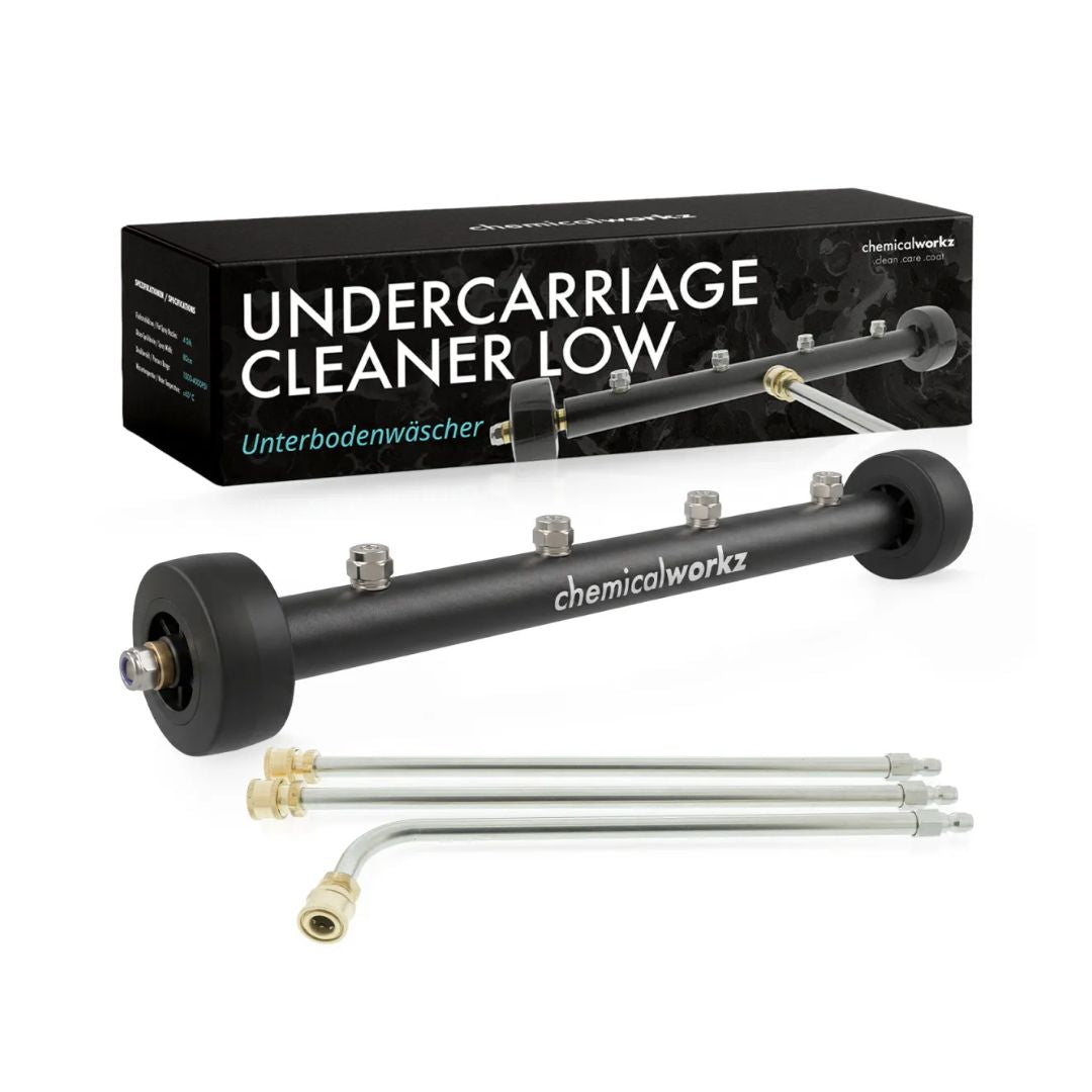 Undercarriage cleaner for lowered cars with packaging on a white background