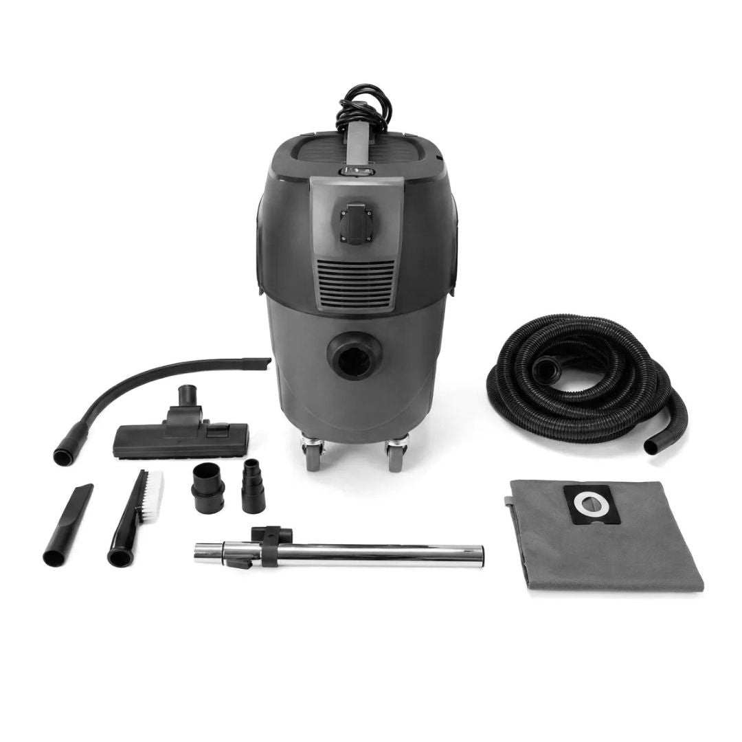 Black wet and dry Chemicalworkz vacuum cleaner with attachments on a white background