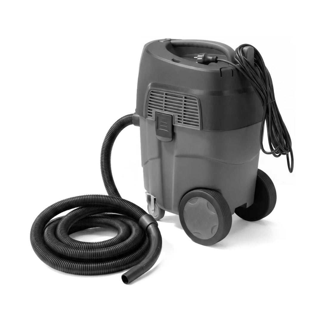 Grey wet and dry Chmicalworkz vacuum cleaner with hose on a white background