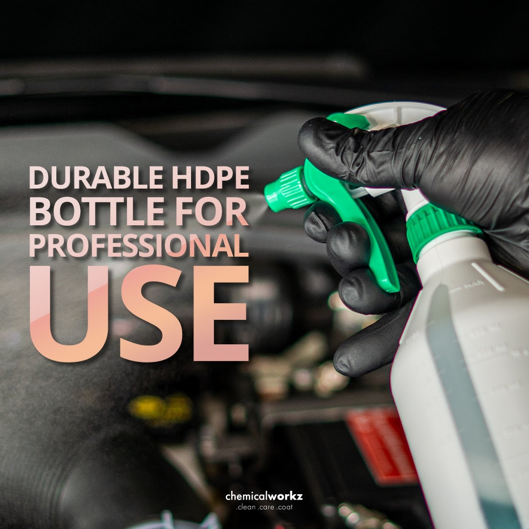 Person holding a green spray bottle with text about durable HDPE bottle for professional use.