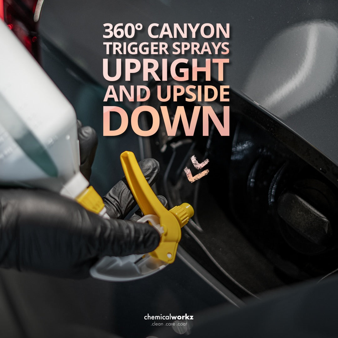 Person using a spray gun with text about 360-degree trigger spray capability.