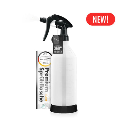 White spray bottle with black trigger and 'New!' label on a white background