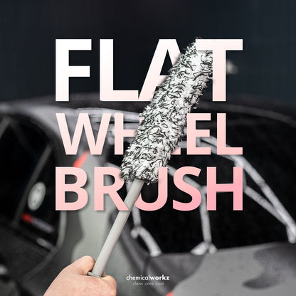 Car cleaning brush held by a hand with text 'FLAT WHEEL BRUSH' and 'chemicalworkz' branding.