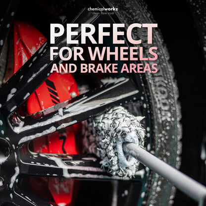 Car wheel and brake area being cleaned with a brush, featuring text 'Perfect for Wheels and Brake Areas' from chemicalworkz.