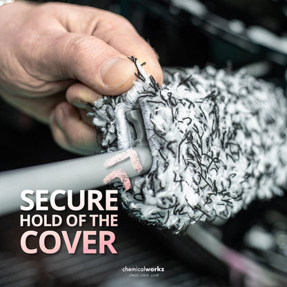 Hand holding a wheel brush with text 'Secure Hold of the Cover' and brand name 'chemicalworkz'.