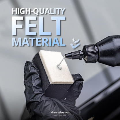 Person applying a liquid to a felt material with text about high-quality felt material.