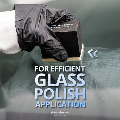 Hand wearing a black glove holding a glass polishing pad with text about efficient glass polish application.