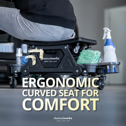 Ergonomic curved seat with cleaning supplies on a blurred background