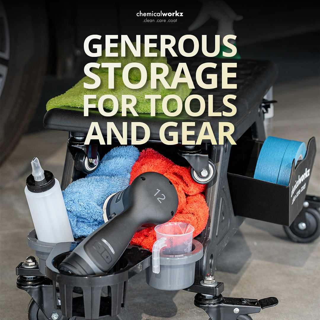 Storage creeper seat with tools and cleaning supplies, featuring text 'Generous Storage for Tools and Gear' by chemicalworkz.