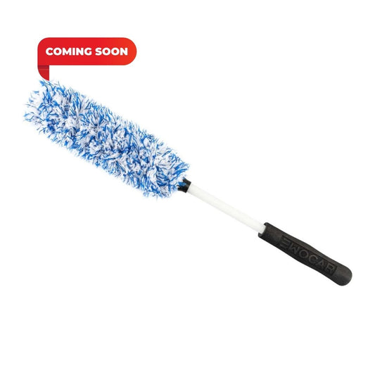 Ewocar Microfibre Wheel Cleaning brush with blue bristles on a white background, featuring a 'Coming Soon' label.