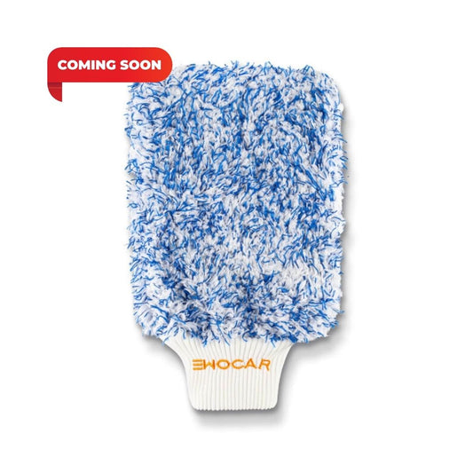 Blue and white wash mitt with 'Ewocar' branding on a white background, labeled 'Coming Soon'.