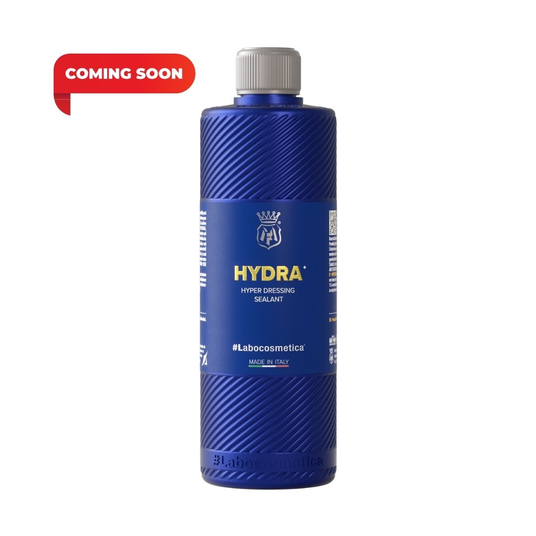 Blue bottle with Labocosmetica HYDRA Tyre and Trim Dressing with coming soon label. Labocosmetica Ireland