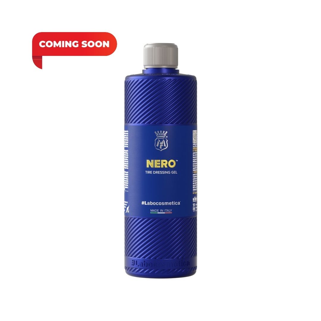 A blue bottle of Labocosmetica Nero The shiny tyre dressing with a gray cap, shown on a white background with a red 'COMING SOON' badge in the top left corner.