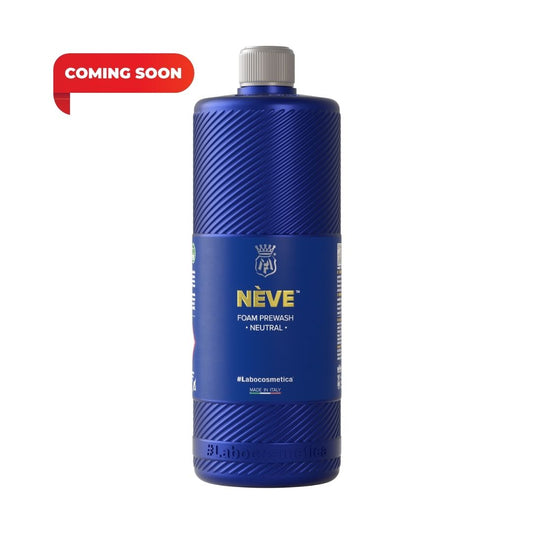 A blue bottle of NÈVE Foam Prewash Neutral with a gray cap, shown on a white background with a red 'COMING SOON' badge in the top left corner.