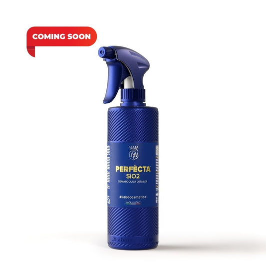 A blue trigger spray bottle labeled PERFECTA SIO2 by labocosmetica, shown on a white background with a red 'COMING SOON' badge in the top left.